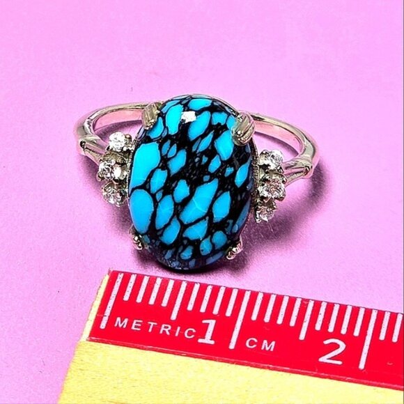 925 Sterling Silver Ring SZ 6.5 with Natural Turquoise   & CZ - Picture 3 of 14